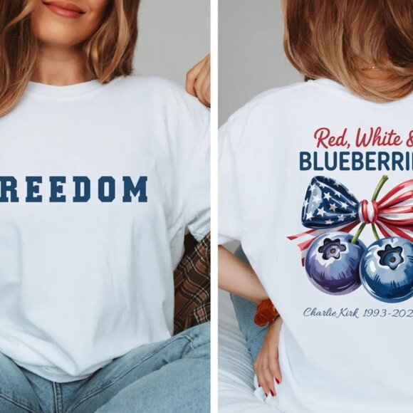 Freedom Red White and Blueberries Charlie Kirk 1993-2025 T-Shirt - Picture 1 of 3